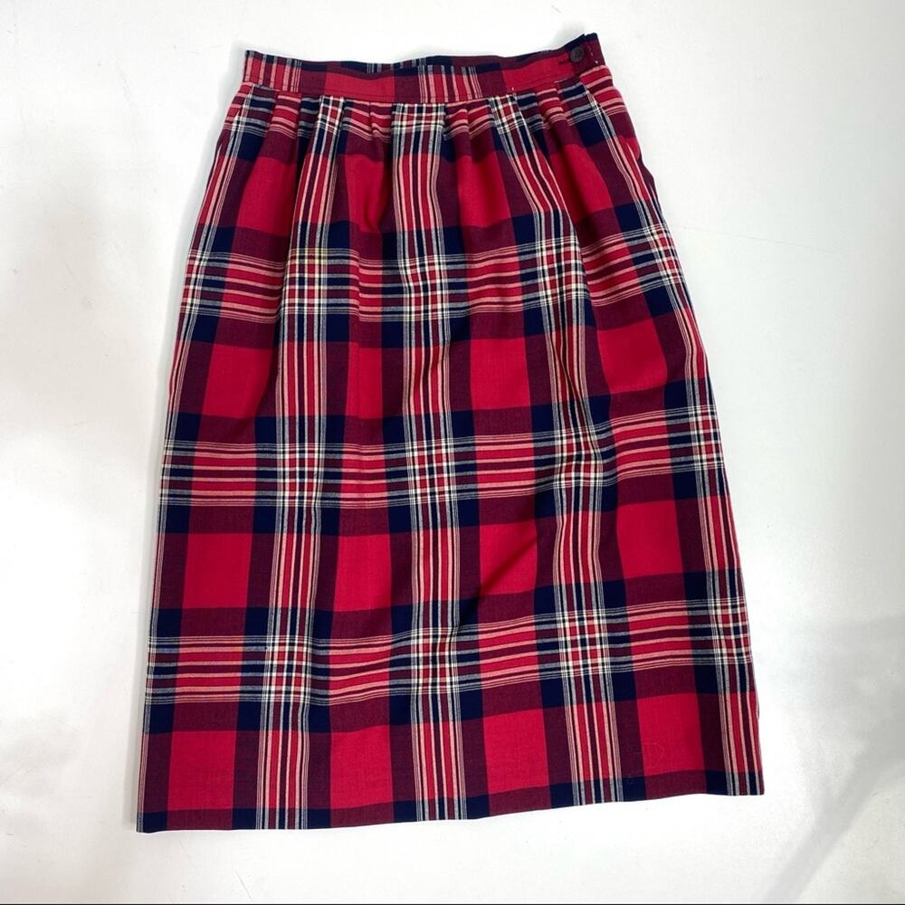 Pendleton Vintage Red Wool Plaid Pleated Pencil Midi Skirt 12p